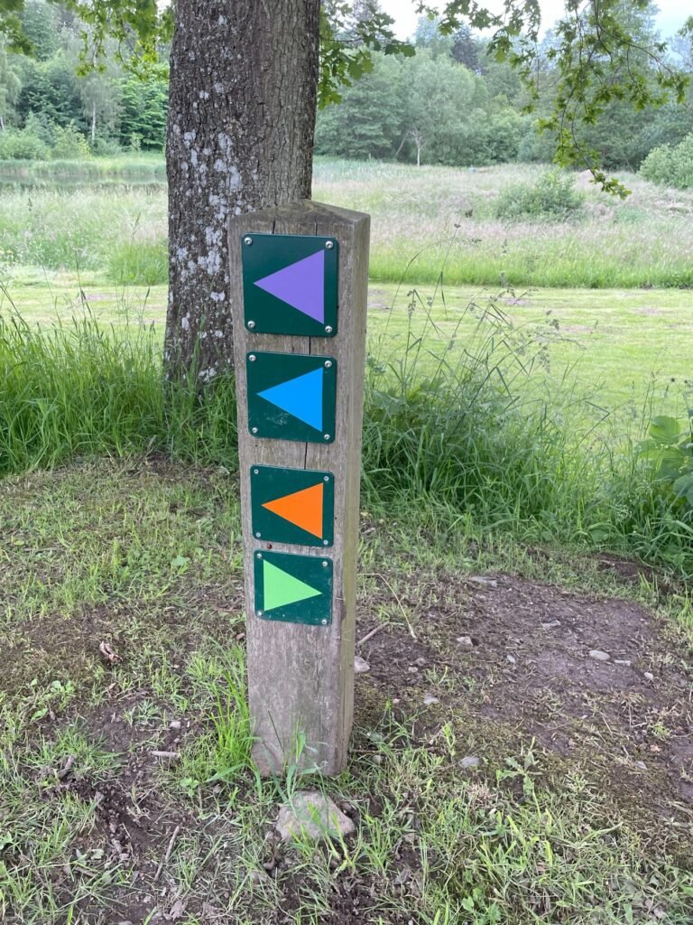 Pæl med afmærkede ruter ved møllen